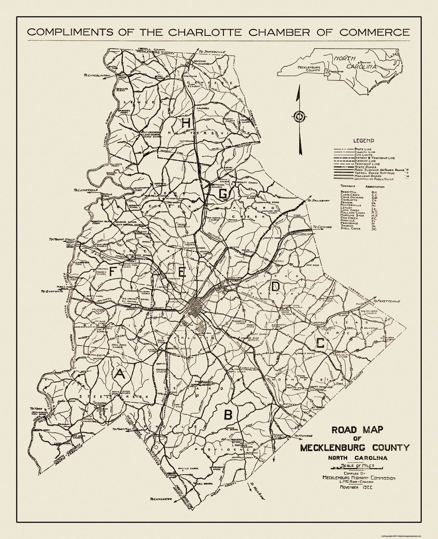 Historic County Map - Mecklenburg County North Carolina - Ross 1922 - 23 x 28.31 - Vintage Wall Art