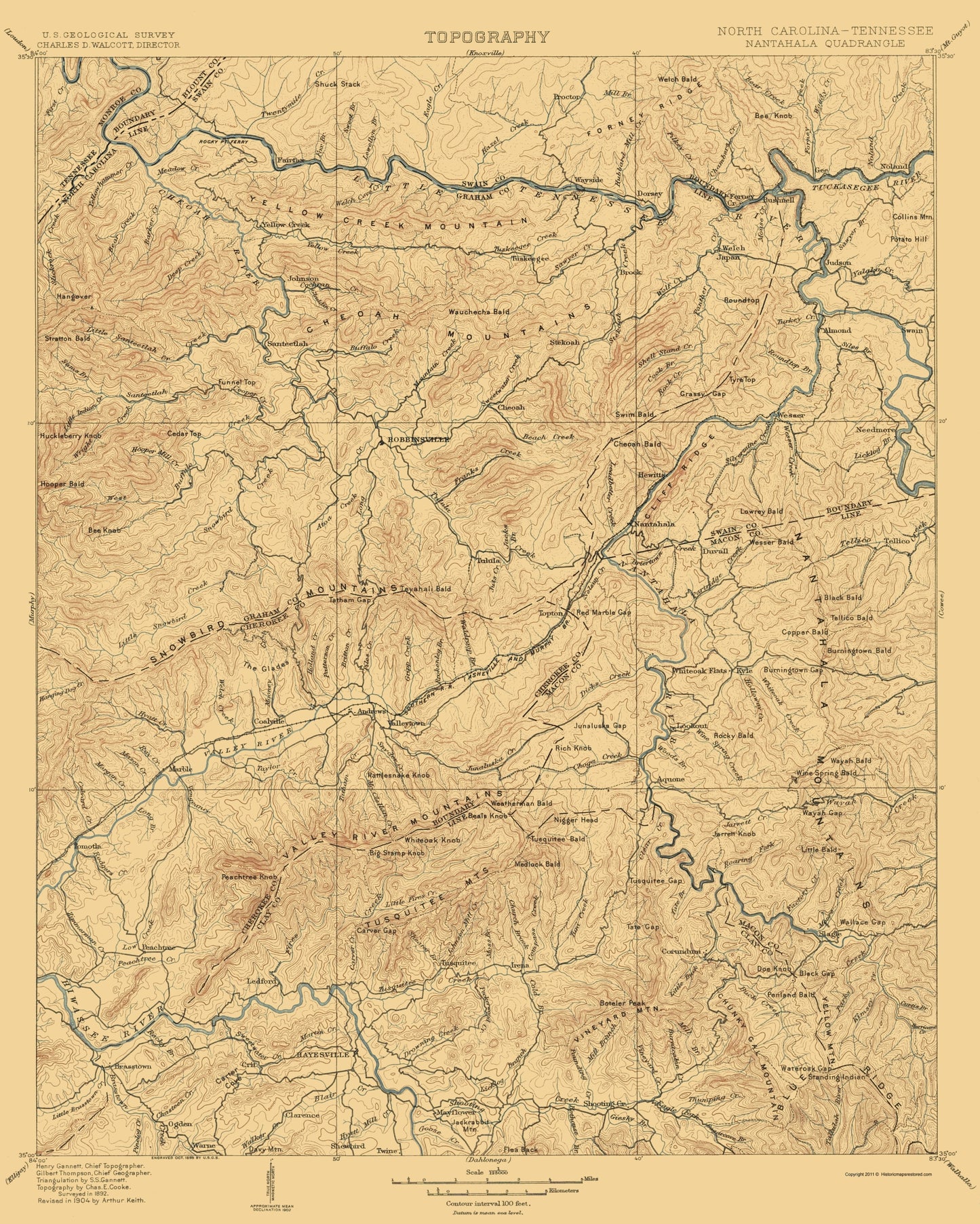 Topographical Map - Nantahala North Carolina Tennessee Quad - USGS 1904 - 23x28 - Vintage Wall Art