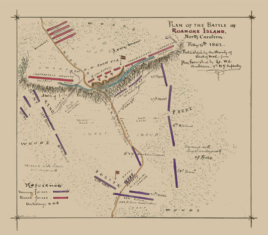 Historical Civil War Map - Roanoke Island North Carolina Battle - Sneden 1862 - 26.22 x 23 - Vintage Wall Art