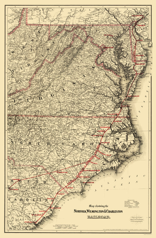 Railroad Map - Norfolk Wilmington and Charleston Railroad - Colton 1891 - 23 x 35.06 - Vintage Wall Art