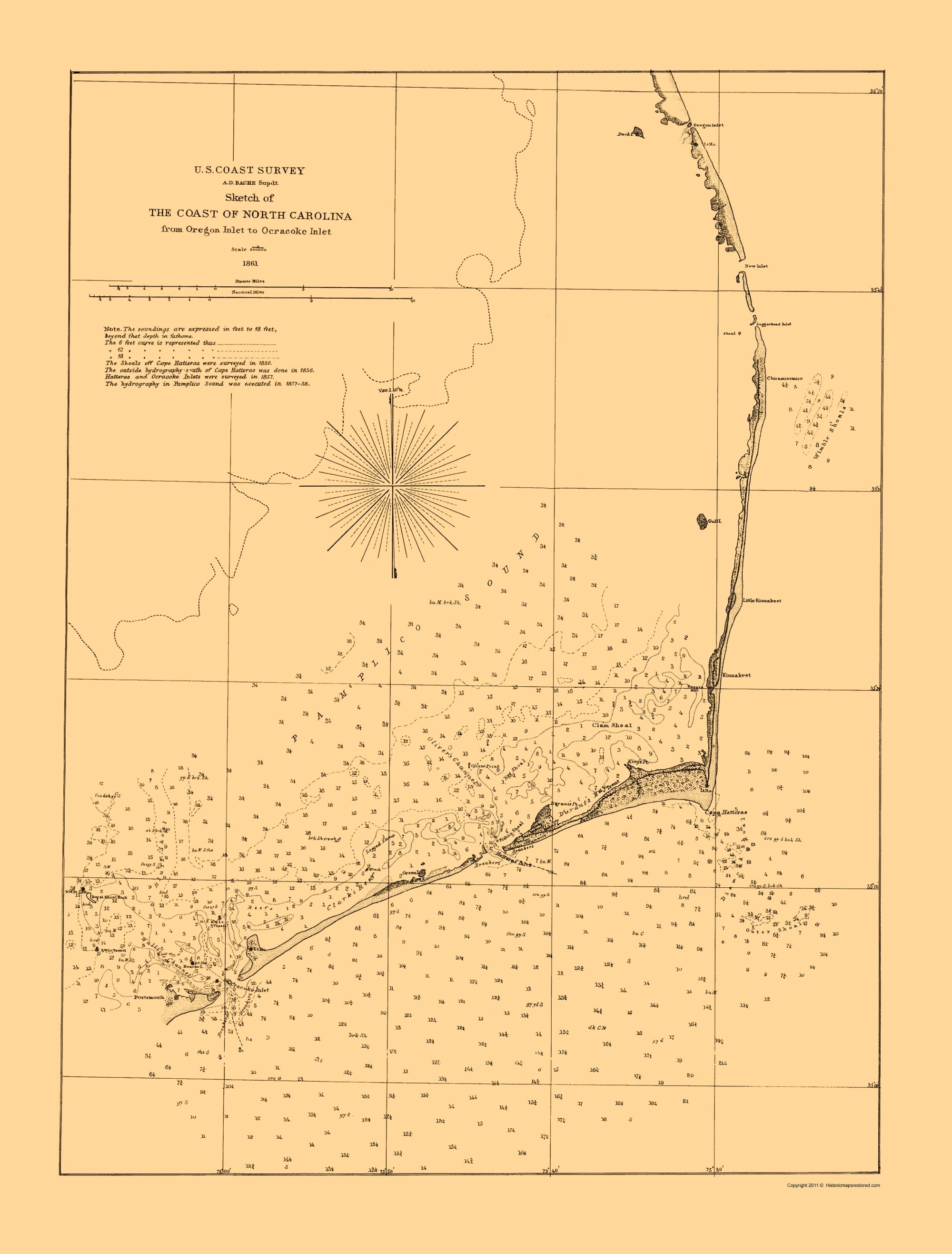 Historic Nautical Map - Oregon Inlet To Ocracoke Inlet - USCS 1861 - 2 ...