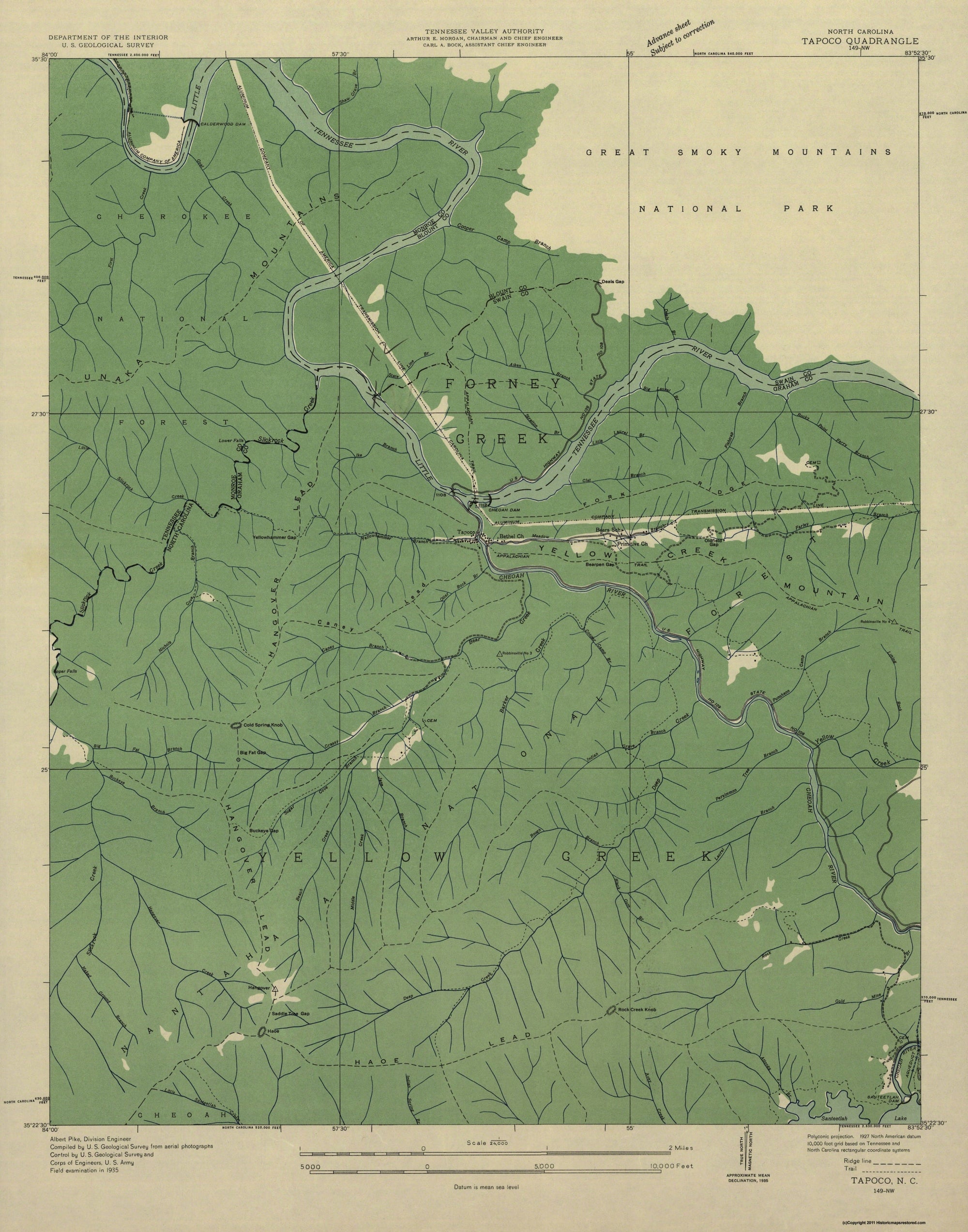 Tapoco Map Topographical Map - Tapoco North Carolina Tennessee Quad - USGS 1935 ...