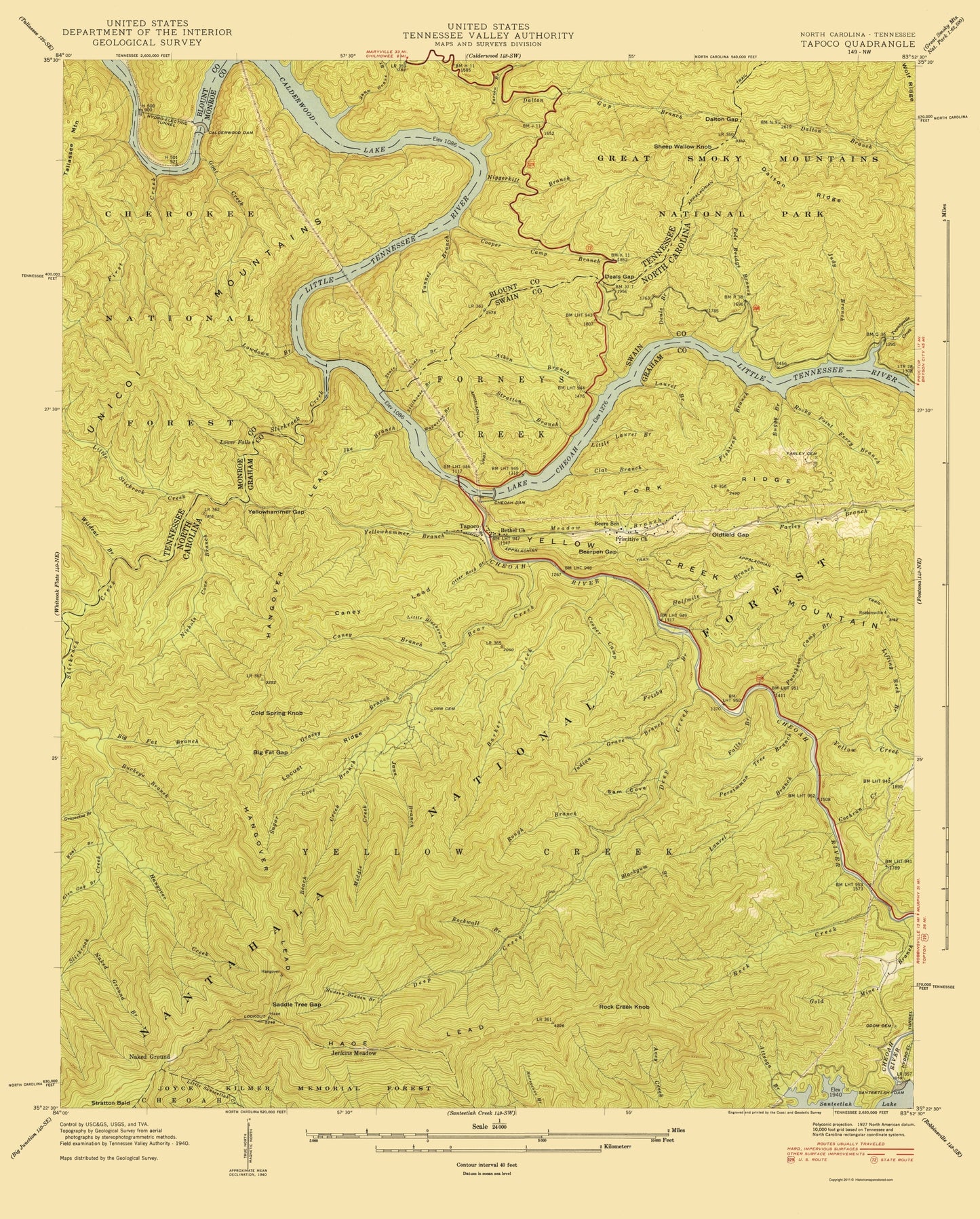 Topographical Map - Tapoco North Carolina Tennessee Quad - USGS 1940 - 23 x 28 - Vintage Wall Art