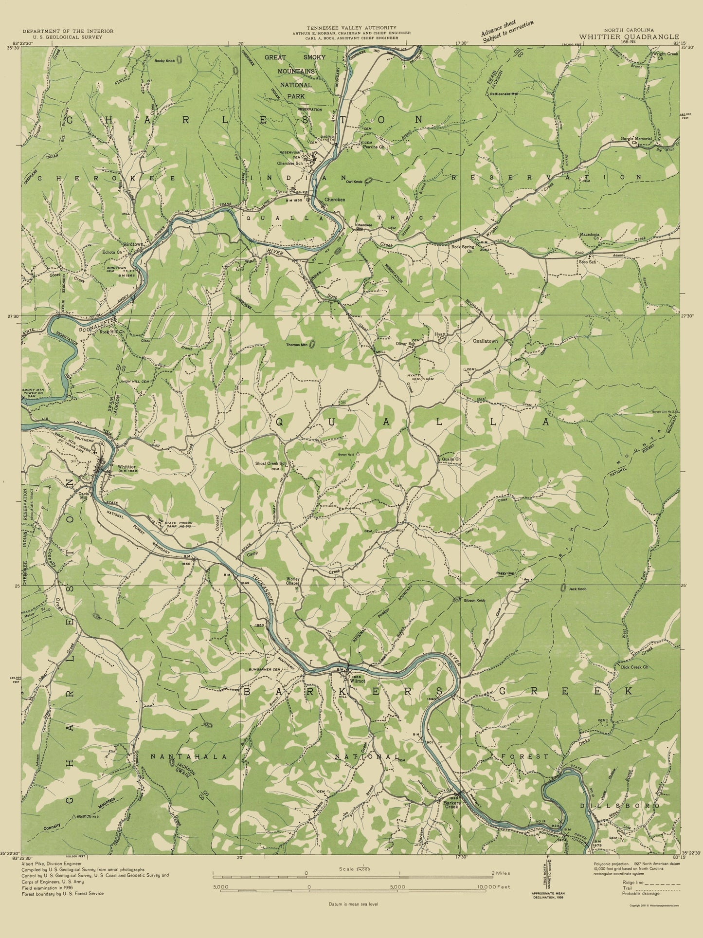 Topographical Map - Whittier North Carolina Quad - USGS 1935 - 23 x 30.67 - Vintage Wall Art