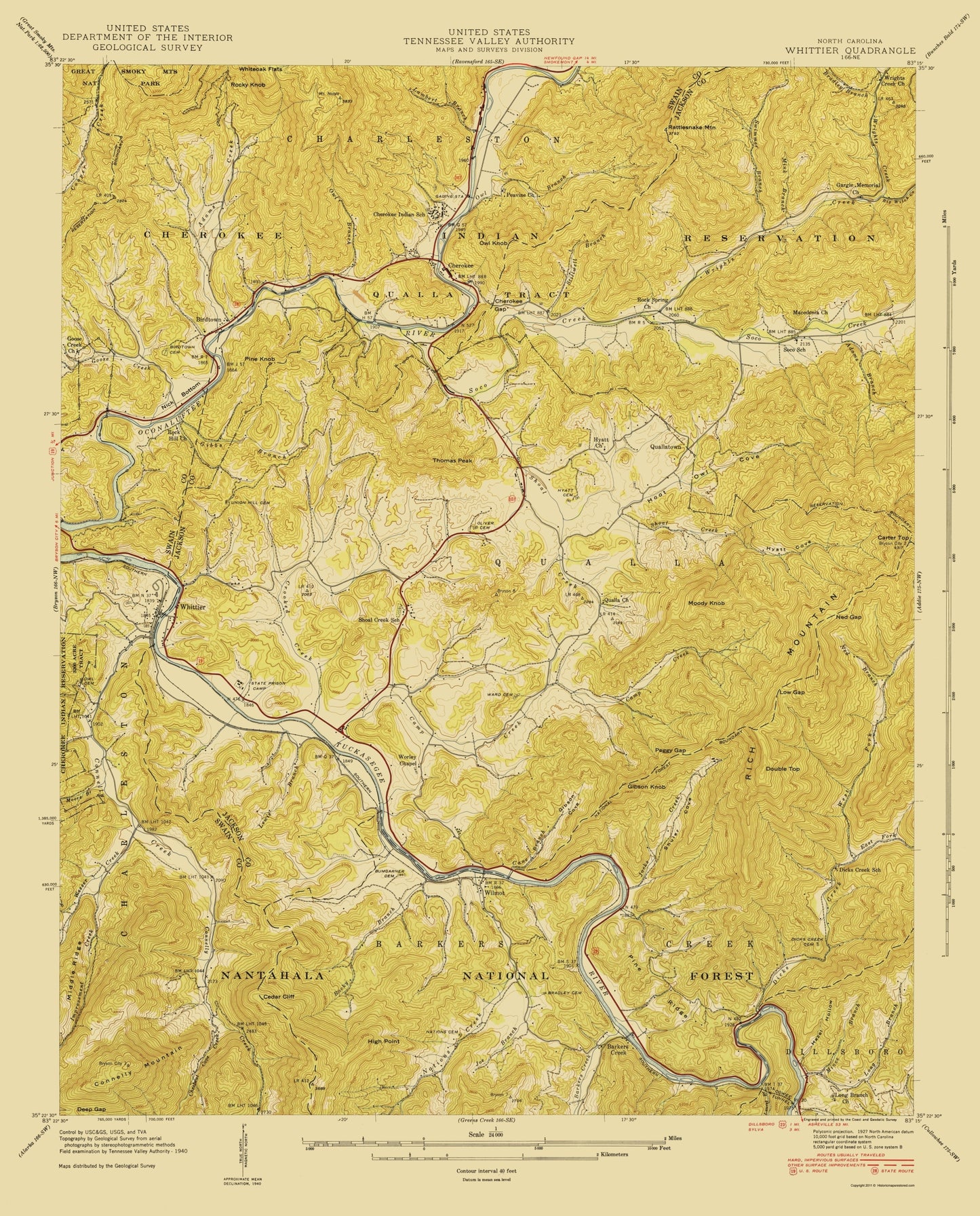 Topographical Map - Whittier North Carolina Quad - USGS 1935 - 23 x 28.52 - Vintage Wall Art