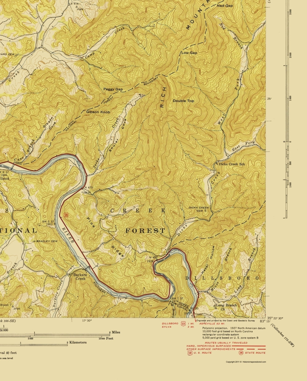 Topographical Map - Whittier North Carolina Quad - USGS 1935 - 23 x 28.52 - Vintage Wall Art