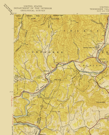 Topographical Map - Whittier North Carolina Quad - USGS 1935 - 23 x 28.52 - Vintage Wall Art