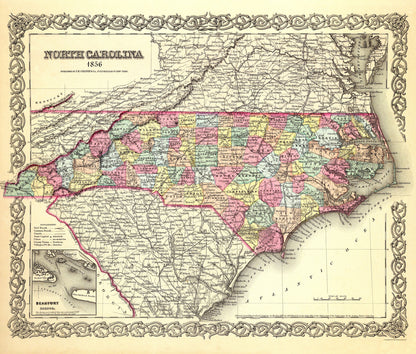 Historic State Map - North Carolina - Colton 1856 - 27.06 x 23 - Vintage Wall Art