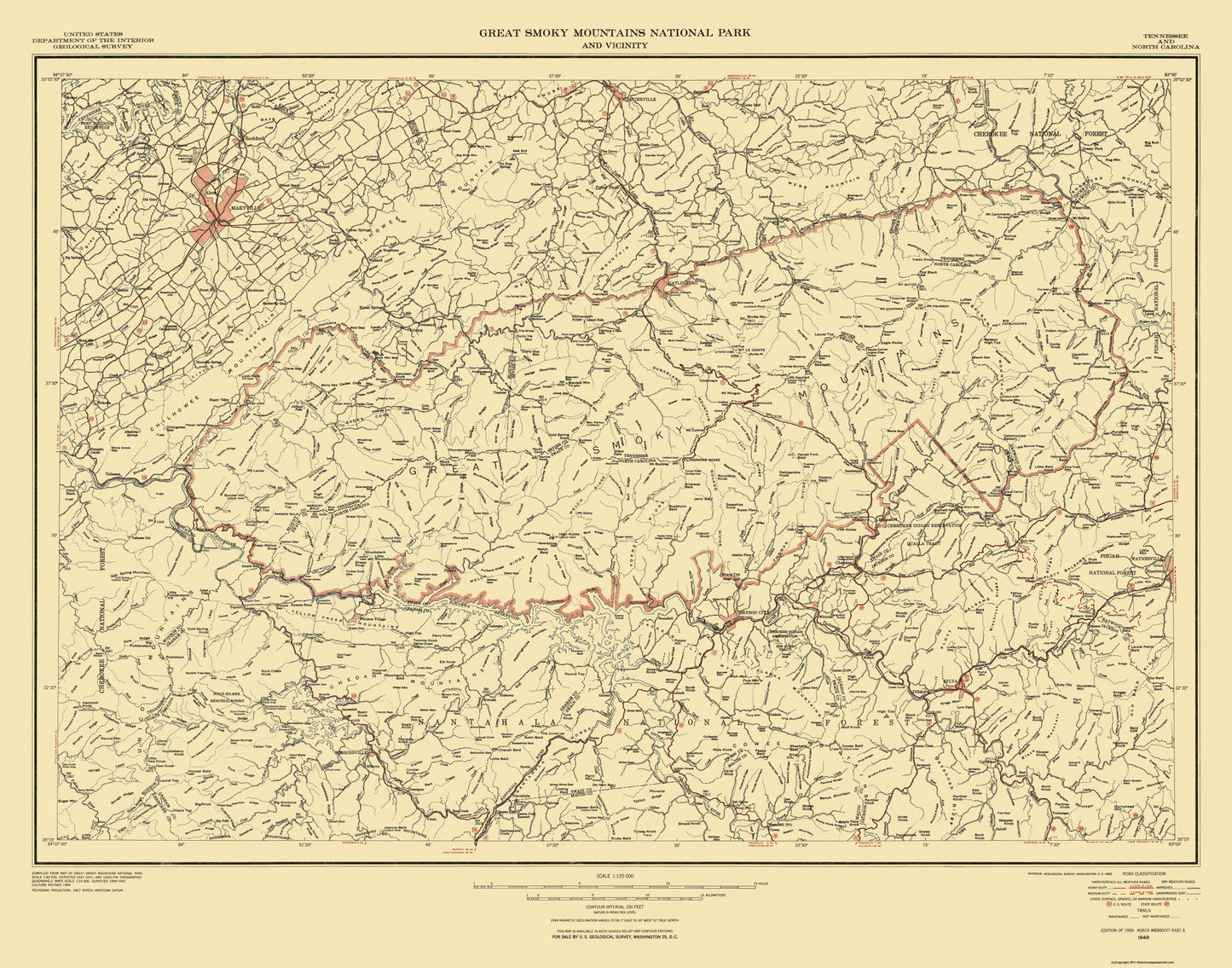 Topographical Map - Great Smoky Mountains National Park Quad - USGS 1950 - 29.28 x 23 - Vintage Wall Art