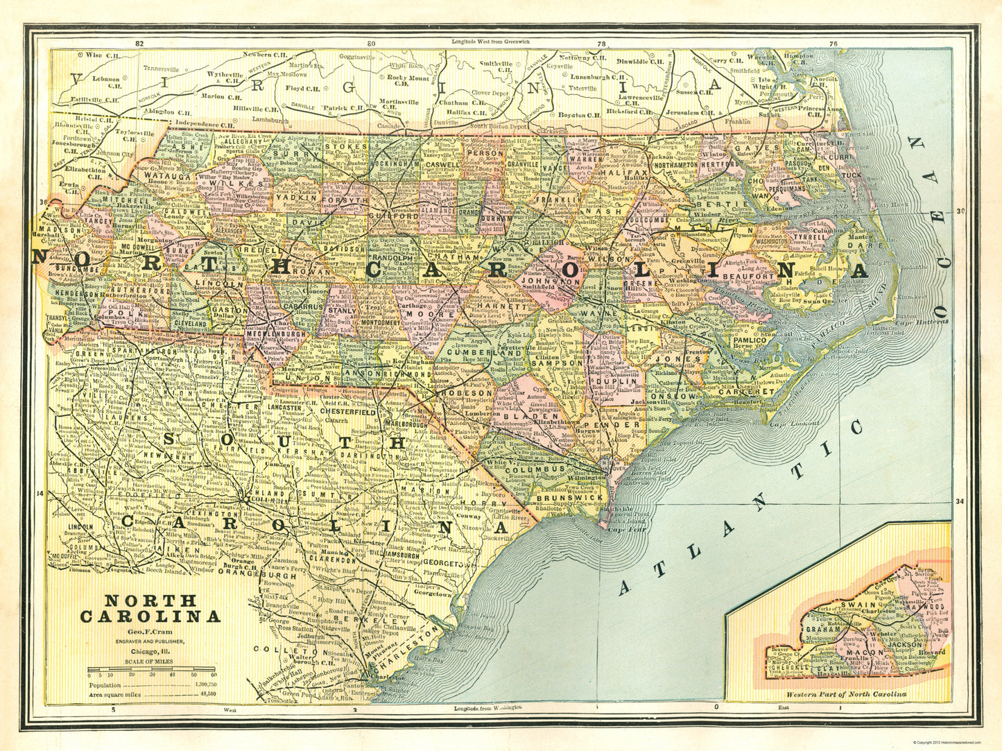 Historic State Map - North Carolina - Cram 1886 - 23 x 30.68 - Vintage Wall Art