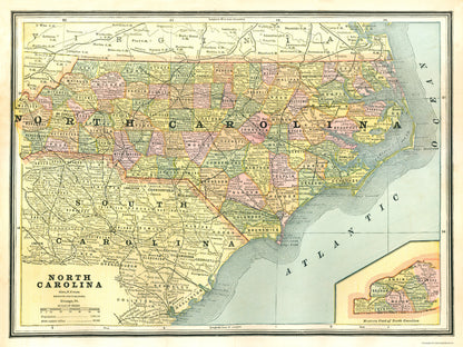 Historic State Map - North Carolina - Cram 1886 - 23 x 30.68 - Vintage Wall Art