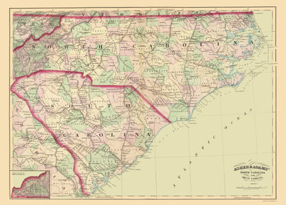 Historic State Map - North Carolina South Carolina - Asher 1872 - 23 x 32.13 - Vintage Wall Art