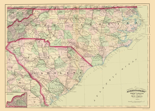 Historic State Map - North Carolina South Carolina - Asher 1872 - 23 x 32.13 - Vintage Wall Art