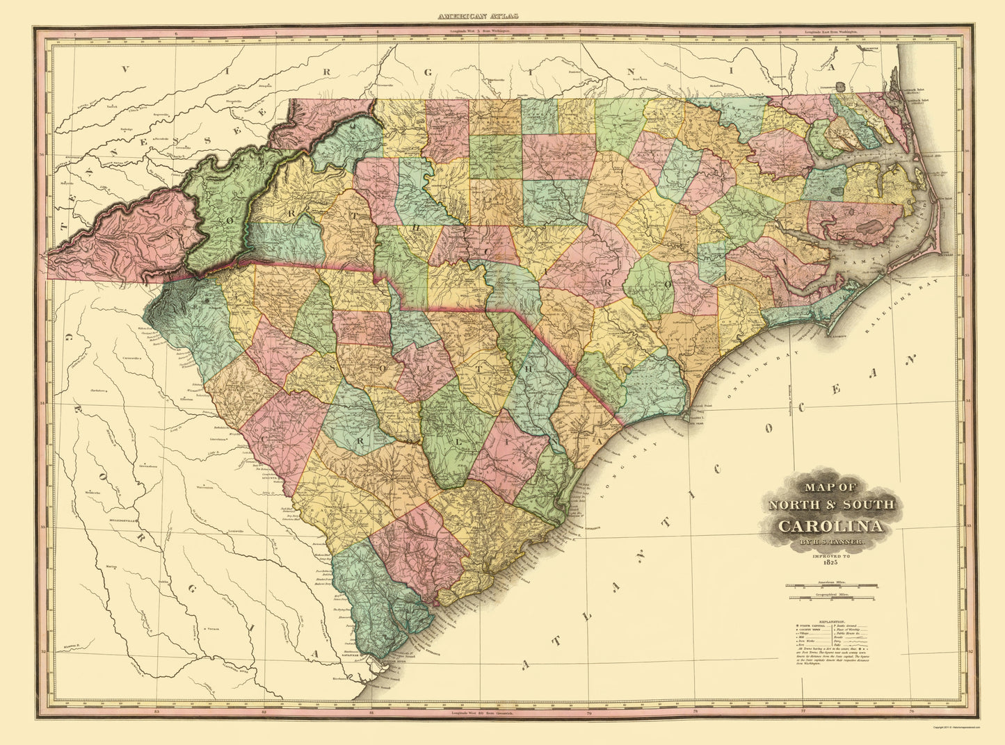 Historic State Map - North Carolina South Carolina - Tanner 1825 - 23 x 30.99 - Vintage Wall Art