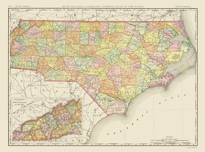 Historic State Map - North Carolina - Rand McNally 1897 - 23 x 30.94 - Vintage Wall Art