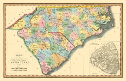 Historic State Map - North Carolina South Carolina - Hinton 1832 - 23 x 35.53 - Vintage Wall Art