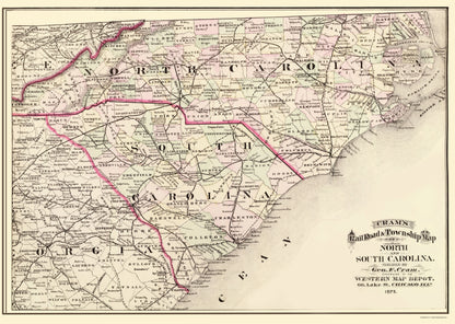 Historic State Map - North Carolina South Carolina - Cram 1875 - 23 x 32.29 - Vintage Wall Art