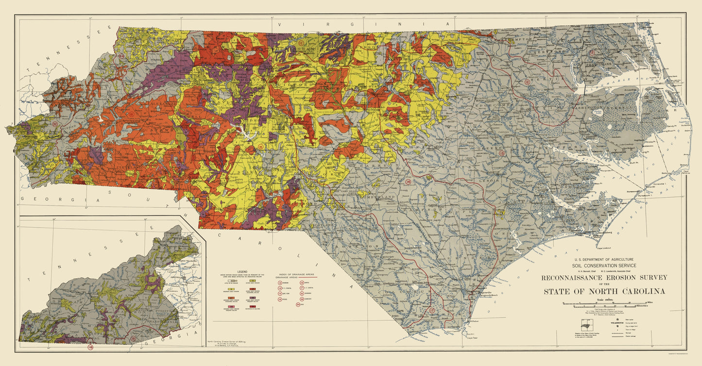 Historic State Map - North Carolina Erosion Survey - USDA 1935 - 23 x 44.08 - Vintage Wall Art