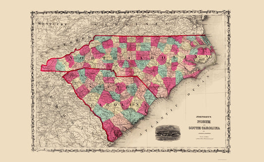 Historic State Map - North Carolina South Carolina - Johnson 1860 - 23 x 37.47 - Vintage Wall Art