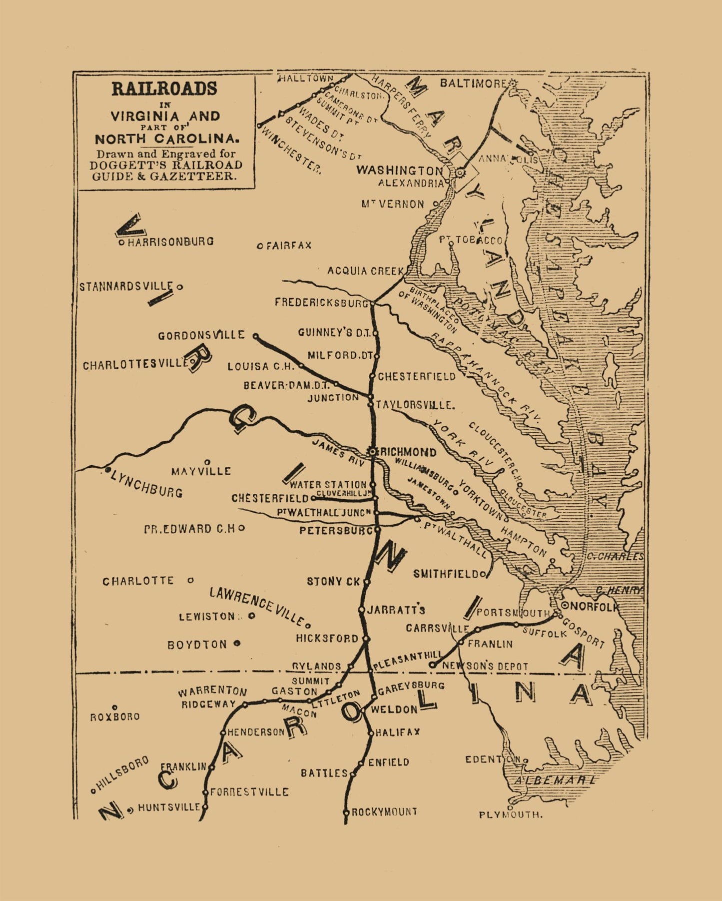 Railroad Map - Virginia North Carolina Railroads - Doggett 1848 - 23 x 28.66 - Vintage Wall Art