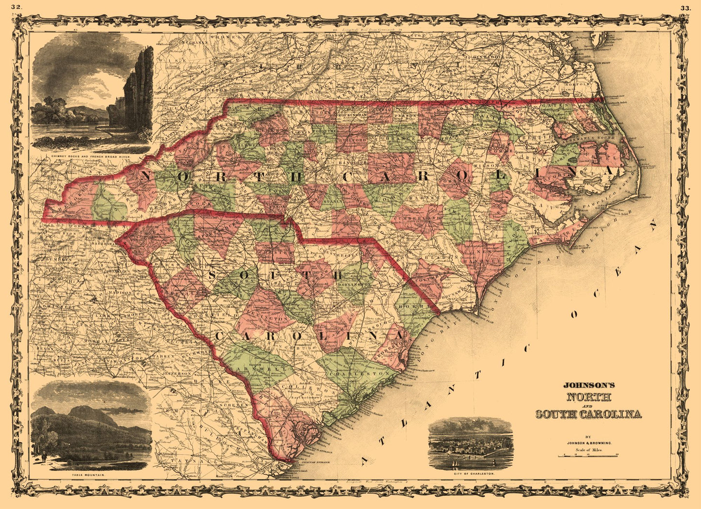 Historic State Map - North Carolina South Carolina - Johnson 1861 - 31.65 x 23 - Vintage Wall Art