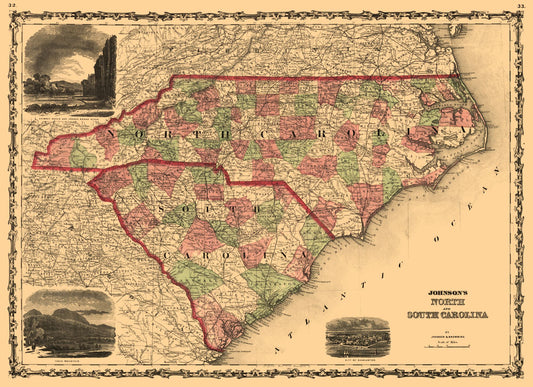 Historic State Map - North Carolina South Carolina - Johnson 1861 - 31.65 x 23 - Vintage Wall Art