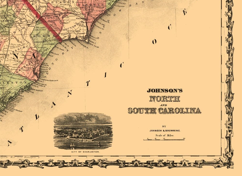 Historic State Map - North Carolina South Carolina - Johnson 1861 - 31.65 x 23 - Vintage Wall Art