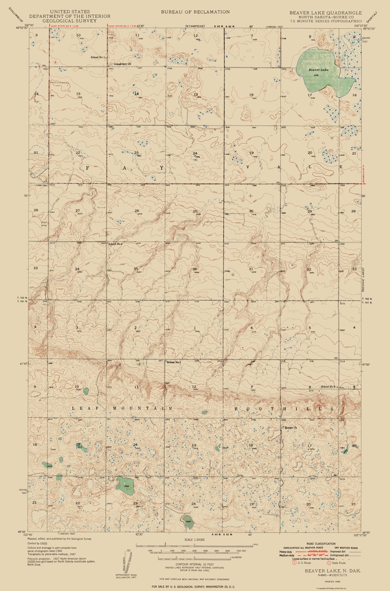 Topographical Map - Beaver Lake North Dakota Quad - USGS 1948 - 23 x 34.84 - Vintage Wall Art