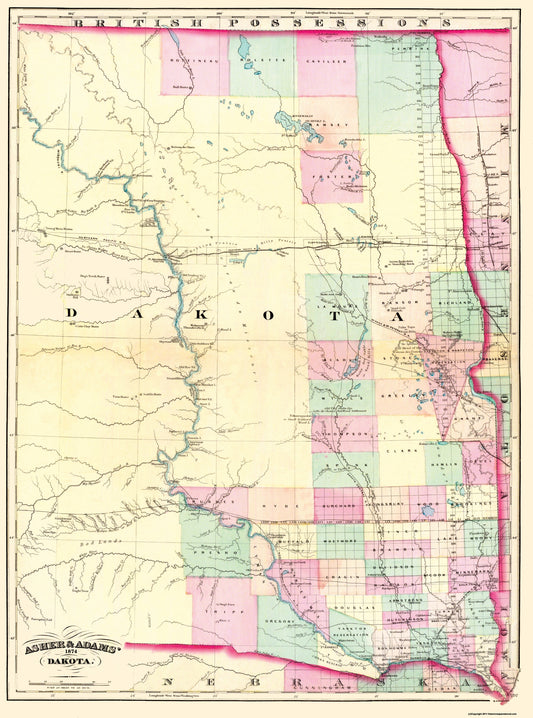 Historic State Map - Dakota Territory - Asher 1874 - 23 x 31 - Vintage Wall Art