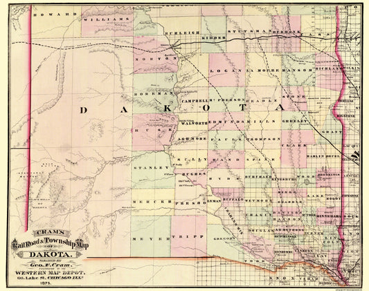 Historic State Map - Dakota Territory - Cram 1875 - 29.13 x 23 - Vintage Wall Art