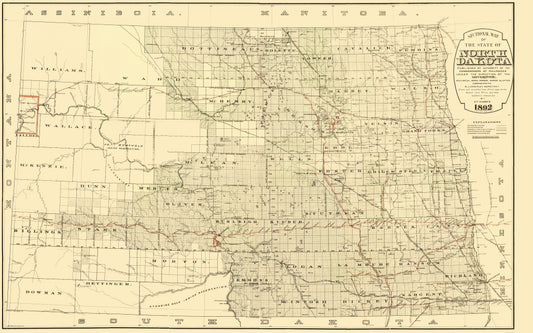 Railroad Map - North Dakota Railroads - Higbee 1892 - 23 x 36.83 - Vintage Wall Art