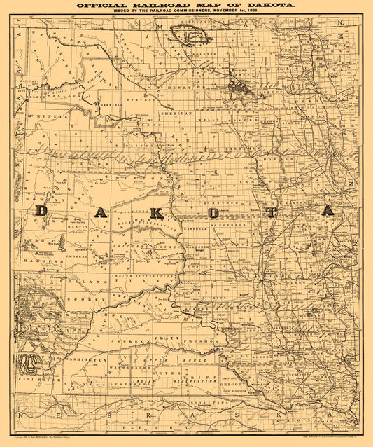 Railroad Map - North Dakota South Dakota -Rand McNally 1886 - 23 x 27.53 - Vintage Wall Art