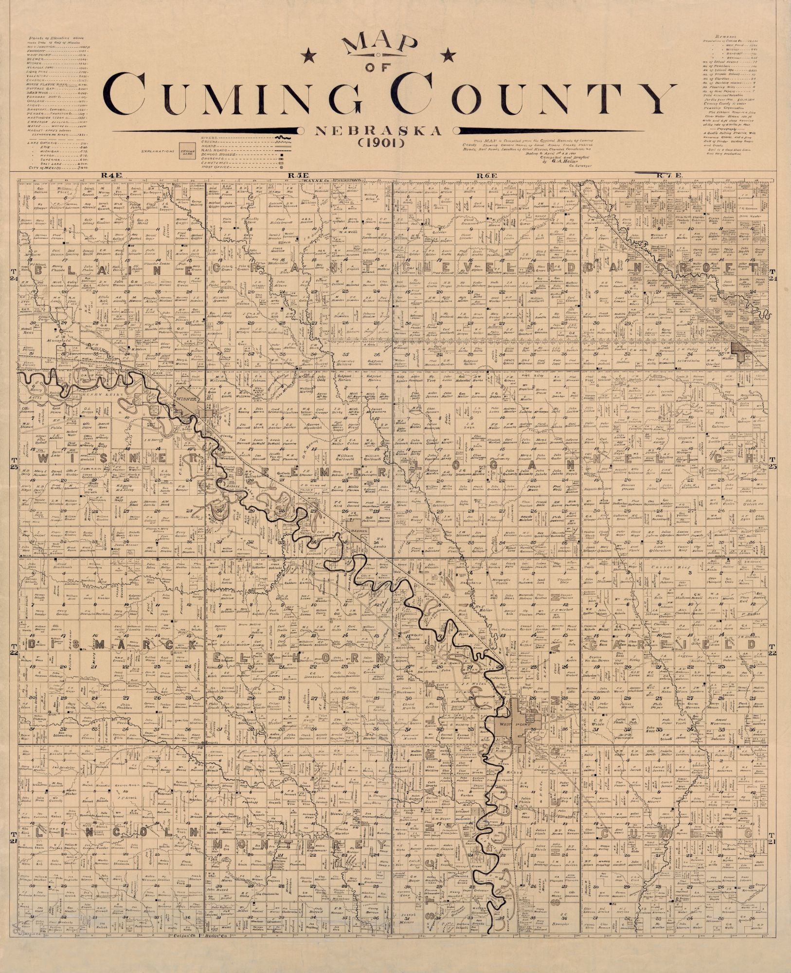 Historic County Map - Cuming County Nebraska - Heller 1901 - 23 x 28.2 ...