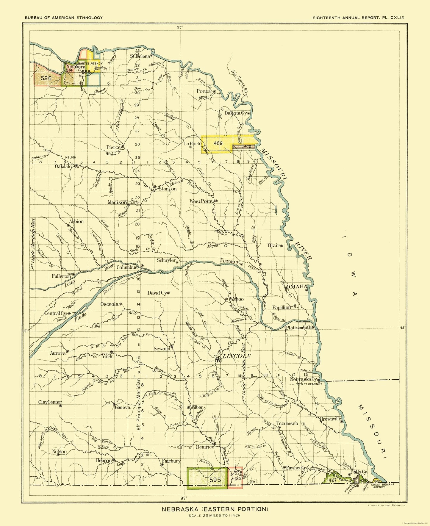 Historic State Map - Nebraska Eastern - Hoen 1896 - 23 x 28.14 - Vintage Wall Art