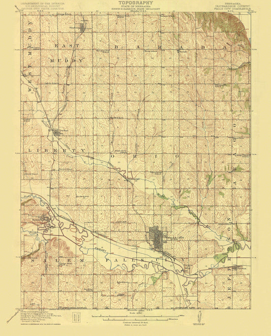 Topographical Map - Falls City Nebraska Quad - USGS 1915 - 23 x 28.5 - Vintage Wall Art