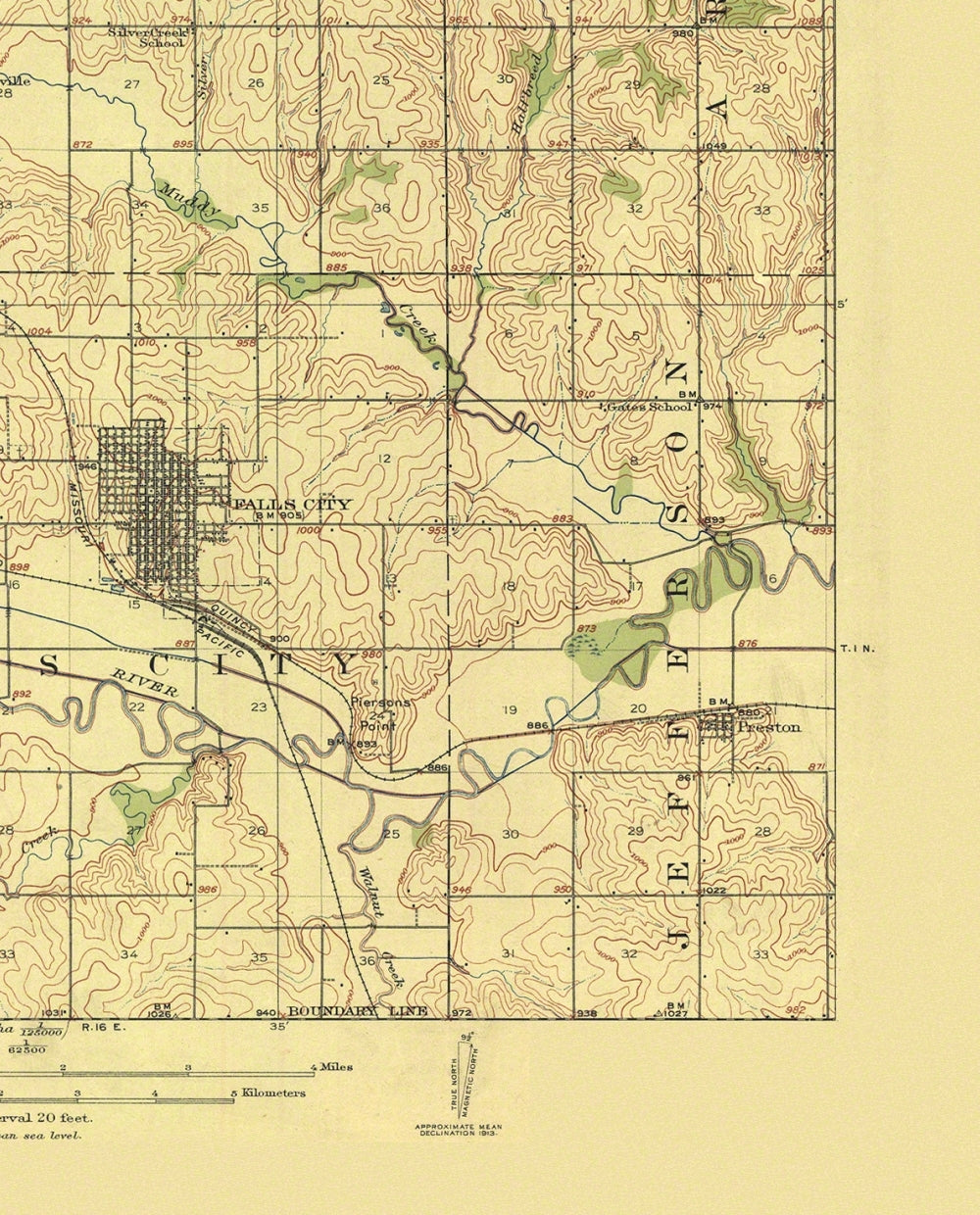 Topographical Map - Falls City Nebraska Quad - USGS 1915 - 23 x 28.5 - Vintage Wall Art