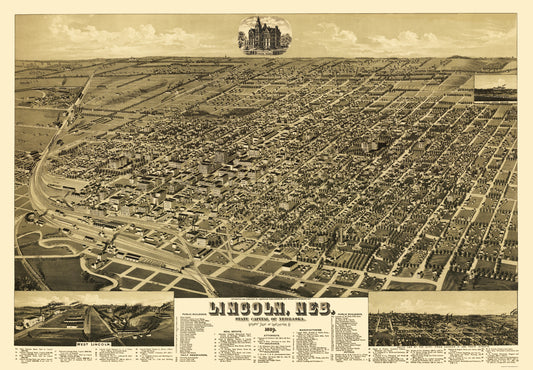 Historic Panoramic View - Lincoln Nebraska - American Pub Co 1889 - 23 x 33.17 - Vintage Wall Art