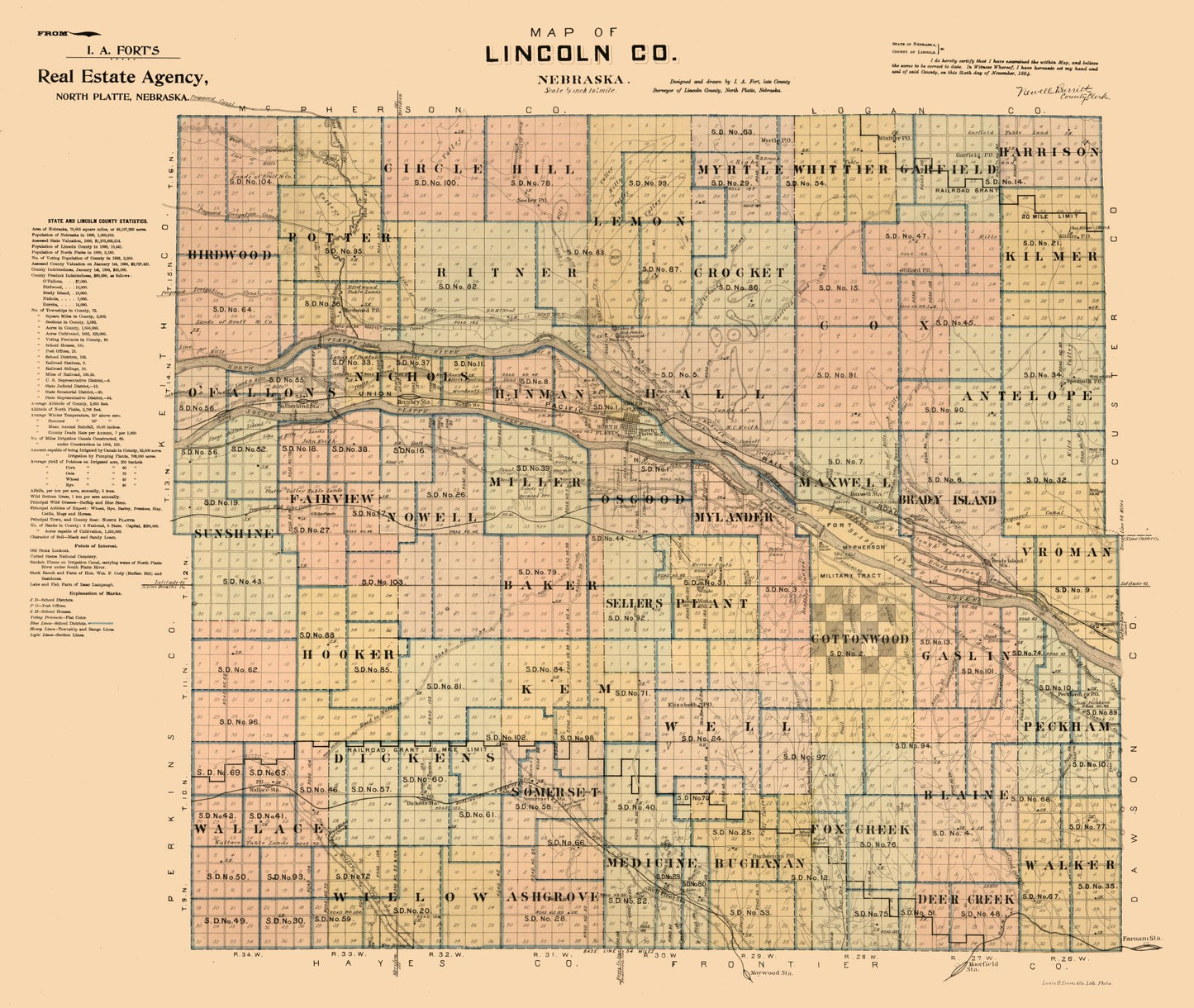 Historic County Map - Lincoln County Nebraska - Fort 1894 - 27.24 x 23 - Vintage Wall Art