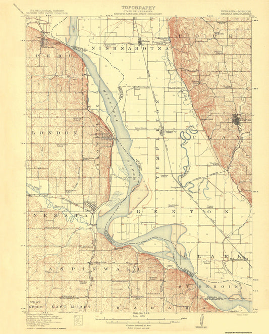 Topographical Map - Nemaha Nebraska Missouri Quad - USGS 1914 - 23 x 28.5 - Vintage Wall Art