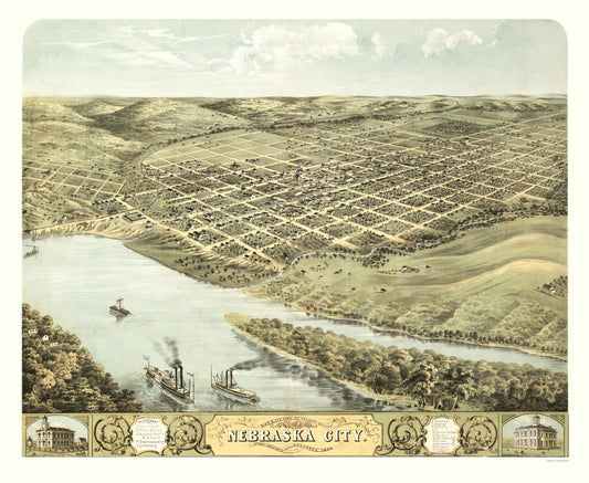 Historic Panoramic View - Nebraska City Nebraska - Ruger 1868 - 23 x 28.04 - Vintage Wall Art