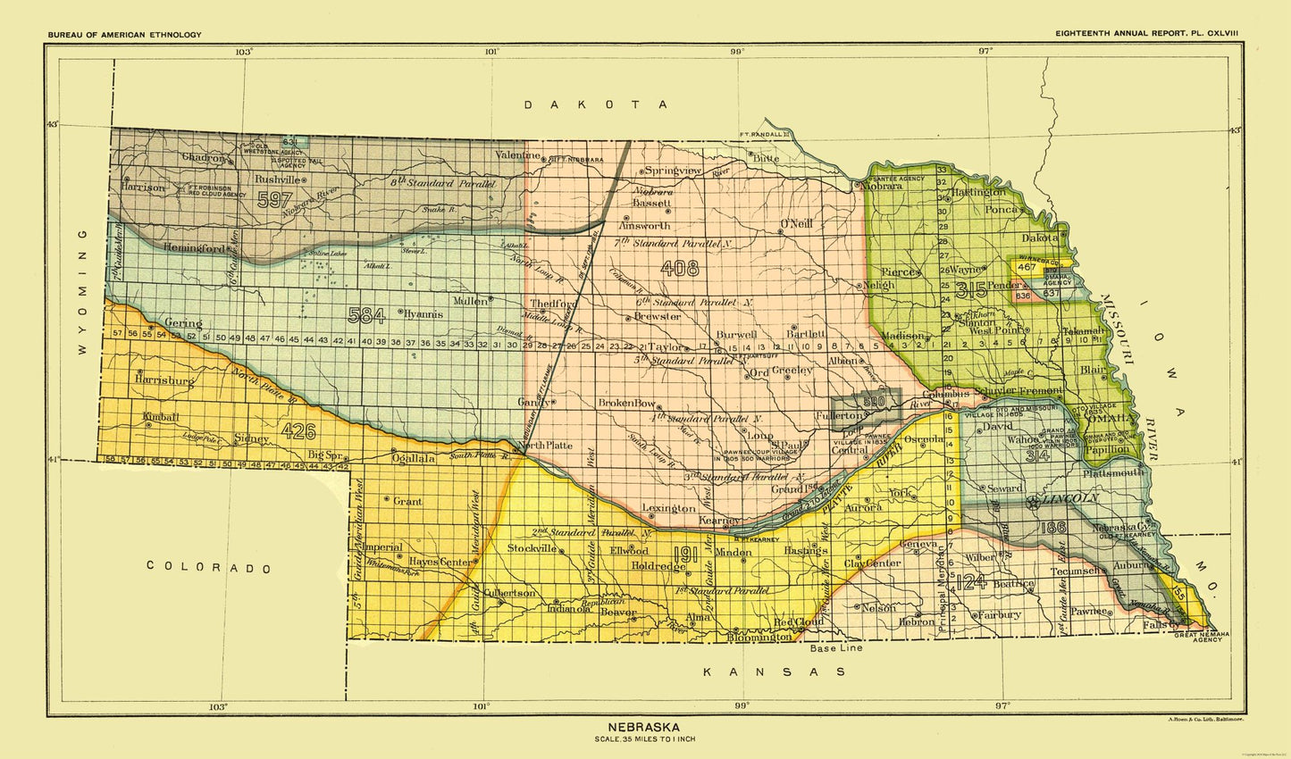 Historic State Map - Nebraska - Hoen 1896 - 39.07 x 23 - Vintage Wall Art