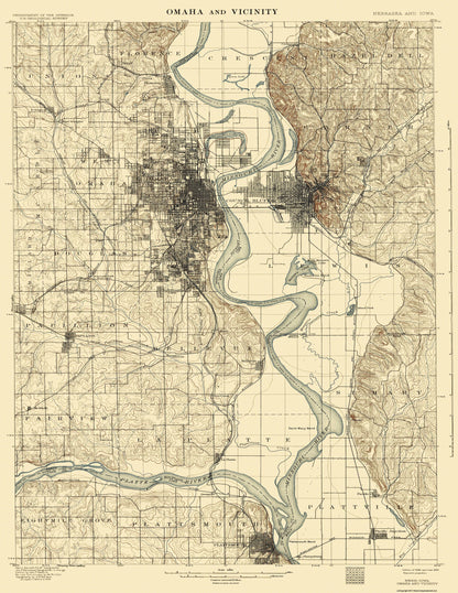 Topographical Map - Omaha Vicinity Nebraska Iowa Quad - USGS 1898 - 23 x 29.77 - Vintage Wall Art