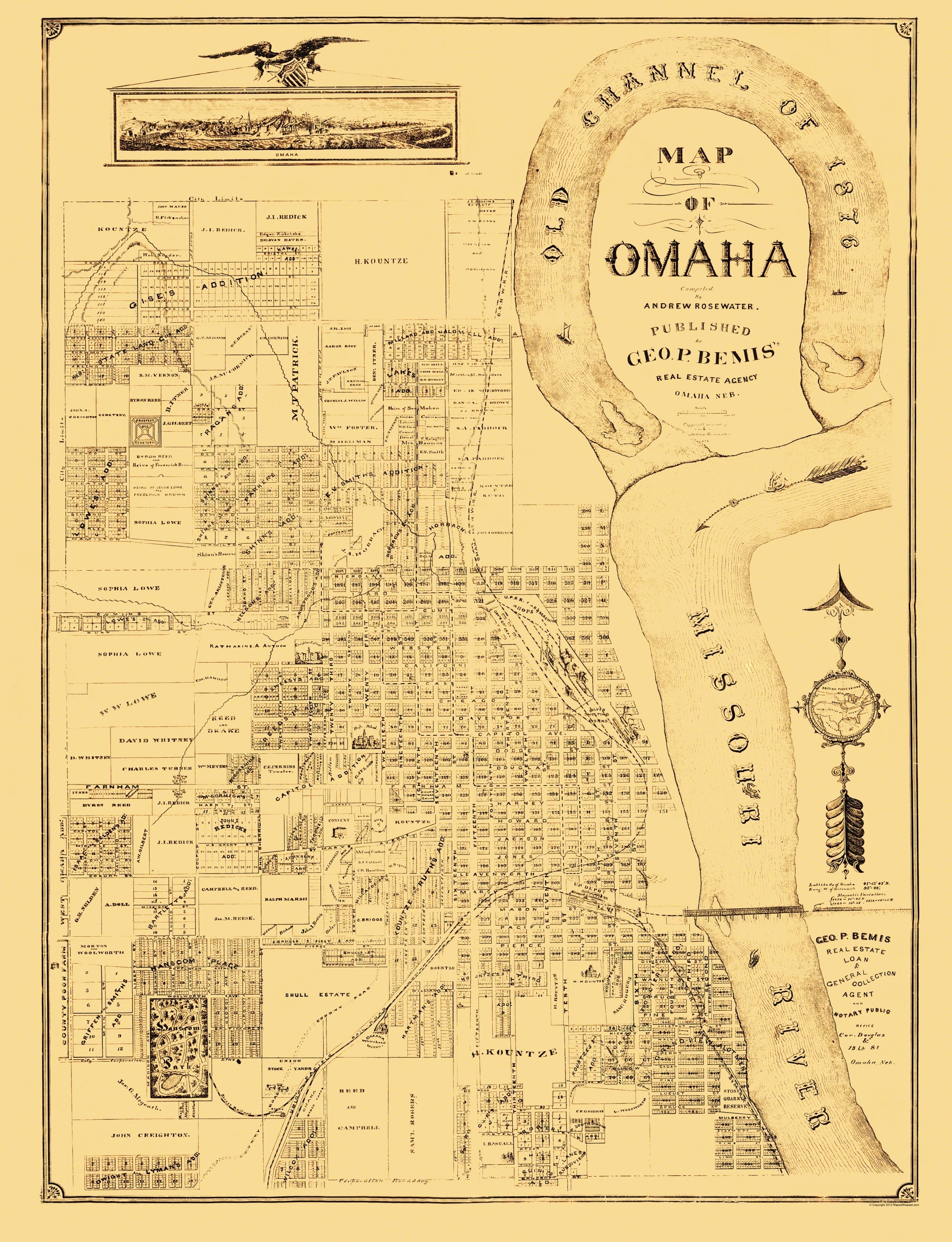 Historic City Map - Omaha Nebraska - Bemis 1876 - 23 x 30 - Vintage Wa ...