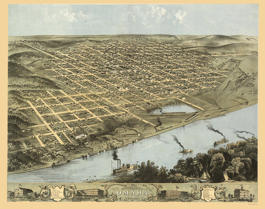 Historic Panoramic View - Omaha Nebraska - Ruger 1868 - 23 x 29.13 - Vintage Wall Art