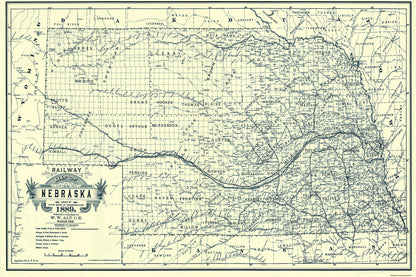 Railroad Map - Nebraska Railway - Alt 1889 - 34.5 x 23 - Vintage Wall Art