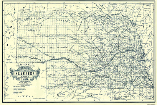 Railroad Map - Nebraska Railway - Alt 1889 - 34.5 x 23 - Vintage Wall Art