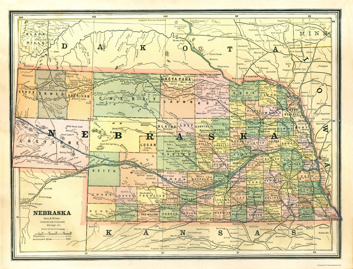 Historic State Map - Nebraska - Cram 1886 - 23 x 30.14 - Vintage Wall Art