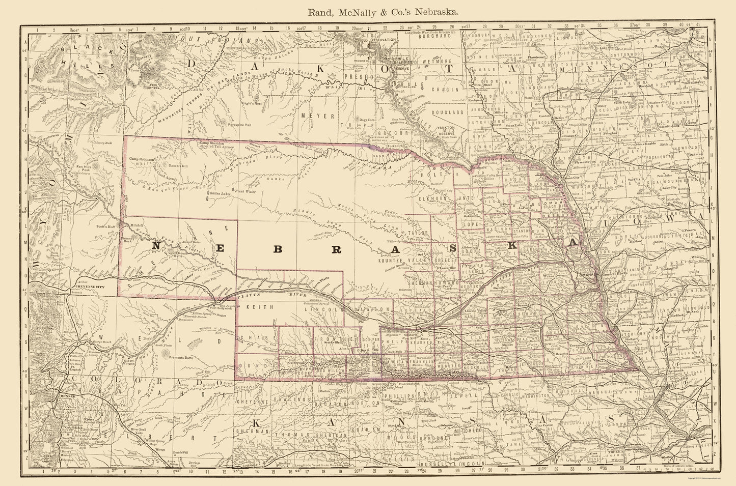 Historic State Map - Nebraska - Rand McNally 1879 - 23 x 34.79 - Vintage Wall Art