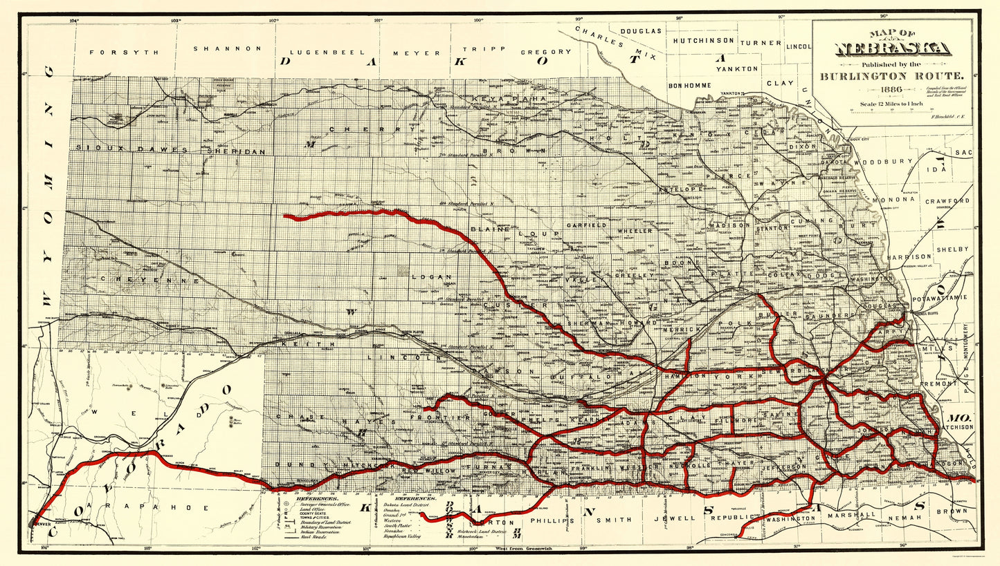 Railroad Map - Burlington Railroad Route - Hirschfield 1886 - 23 x 40.59 - Vintage Wall Art