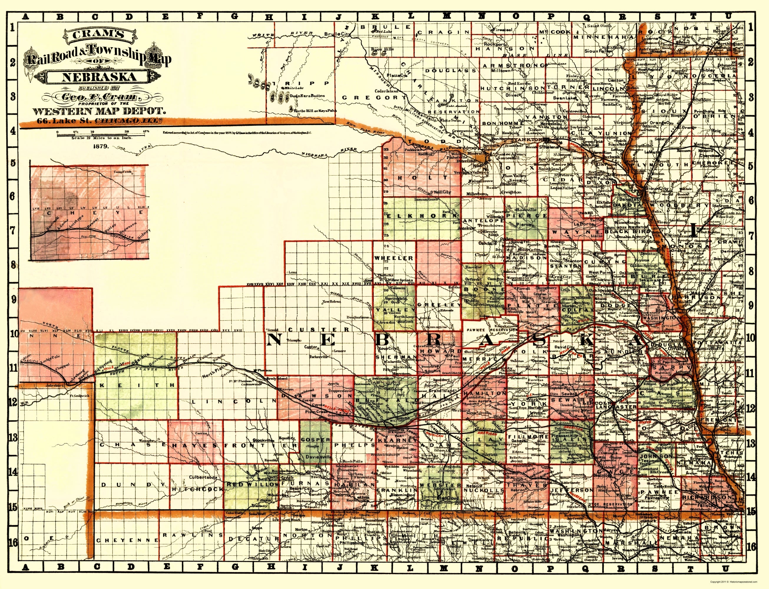 Railroad Map - Nebraska Railroads Townships - Cram 1879 - 23 x 30.02 ...